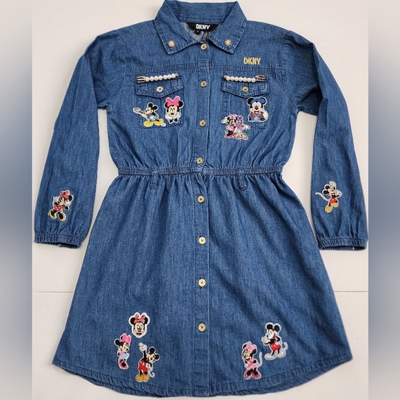 DKNY Girls Mickey Mouse Denim Jean Button Front Long Sleeve Dress Upcycle, sz 6 - Picture 1 of 10
